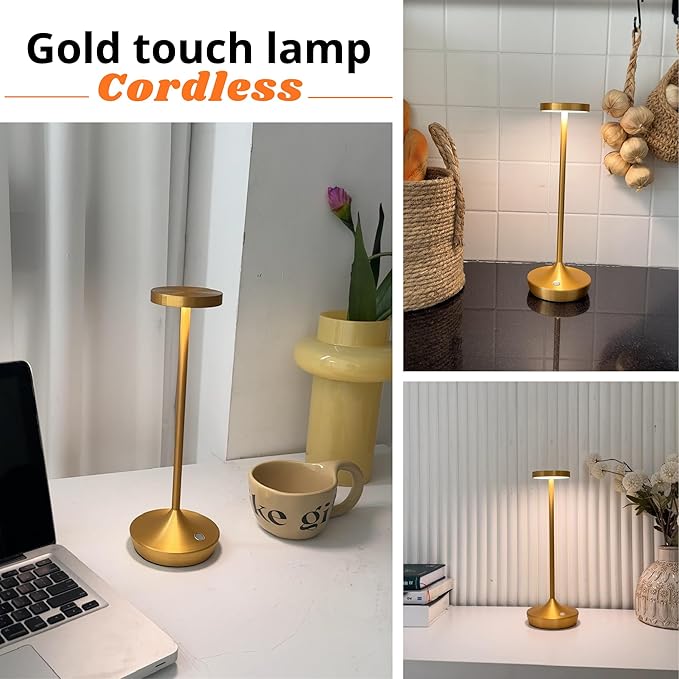 Gold Cordless Table Lamp, Rechargeable 6000mAh Battery LED Desk Lamp, Portable Metal Touch Lamp with 3-Level Dimming, Waterproof Light for Restaurant, Dining Table, Patio, Home Decor (2 Gold)