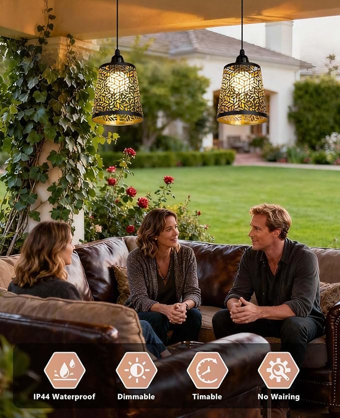 Battery Operated Chandelier with Remote, IP44 Waterproof Outdoor Pendant Light, No Wiring Needed Gazebo Lights for Porch, Patio, Balcony, Pergola, Shed, Home Decor (Petal Pattern)