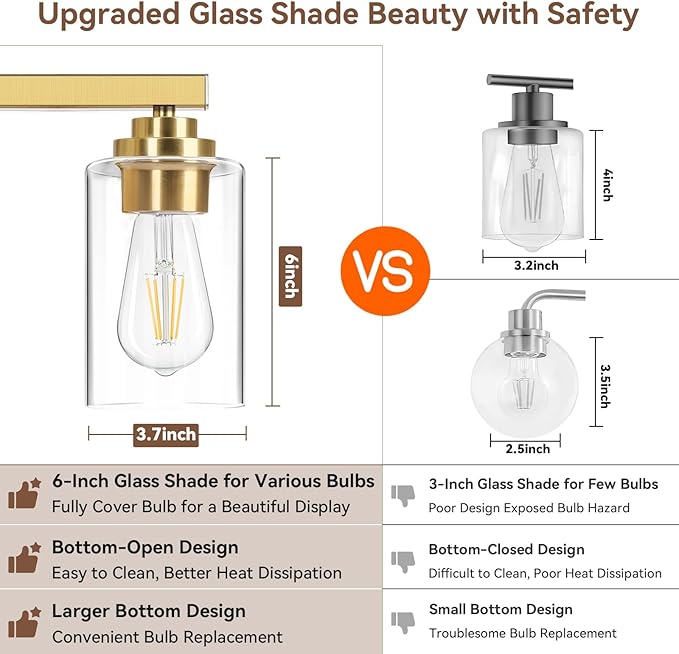 3-Light Bathroom Light Fixtures, 19" Modern Vanity Lights Over Mirror with Clear Glass Shades, Gold Light Fixture, Classic Wall Light Fixture for Mirror Living Room Cabinet Bedroom Porch