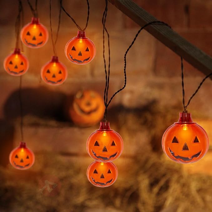 Abeja Pumpkin String Lights, 8.5Ft Halloween String Lights with 10 Smiling Jack O Pumpkins Lights, Plug in Outdoor Orange Pumpkin Decoration Lights for Halloween Party Holiday Decor