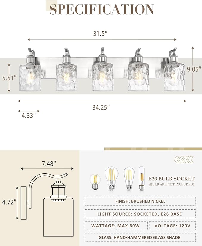 Bathroom Vanity Light Fixtures Over Mirror 5-Light Hammered Glass Wall Mounted Modern Brushed Nickel - VL01BNH-5