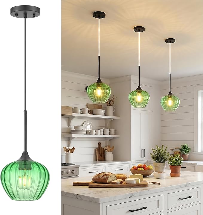 Green Pendant Lights Kitchen Island, 7" Vintage Glass Pendant Lighting Samll Adjustable Hanging Light Fixtures for Kitchen, Dining Room, Sink, Bathroom