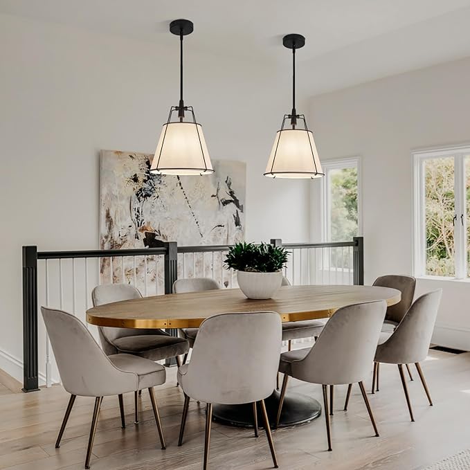 Modern Pendant Light Fixtures with 13" Off-White Linen Fabric Shade, Adjustable Hanging Light Fixture,Drum Black Vintage Chandelier for Kitchen Island Bedroom Dining Room Foyer Entryway
