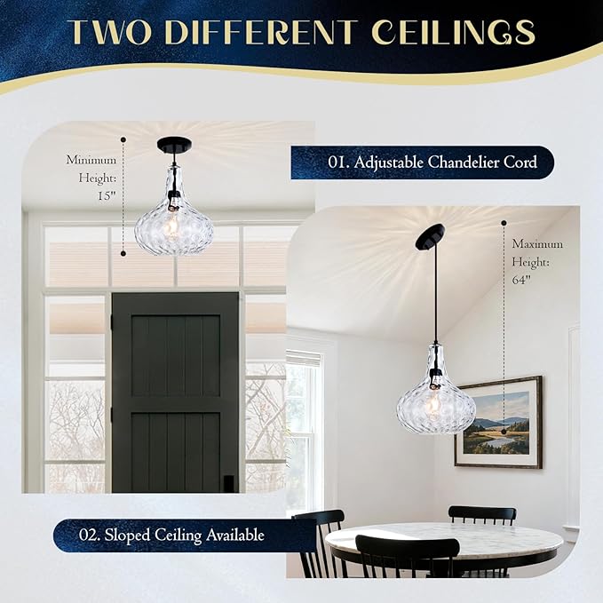 11" Blown Hammered Glass Pendant Light – Matte Black Ceiling Light for Kitchen Island, Dining Room, Hallway – E26 Base Hanging Fixture