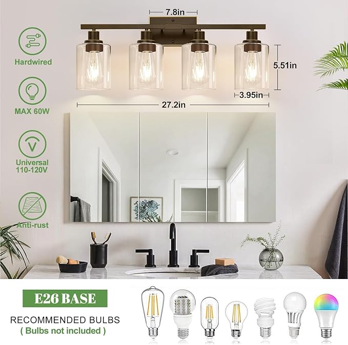 MOKATNG 4-Light Bathroom Light Fixtures, Vanity Light with Clear Glass Shades, Oil-Rubbed Bronze Bathroom Light Fixtures Over Mirror, Modern Bathroom Wall Lamp for Mirror Living Room Cabinet Bedroom