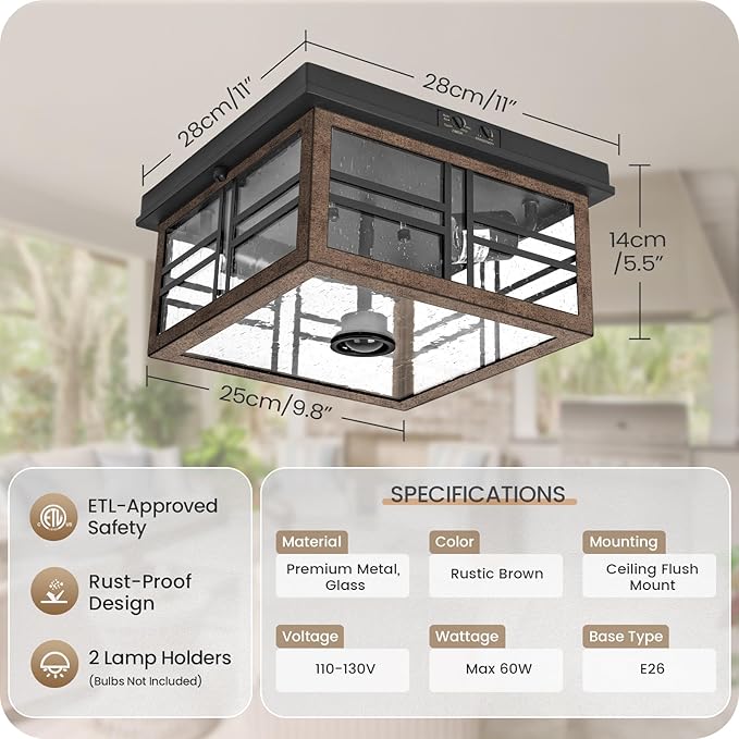 Infrared Sensor Outdoor Ceiling Light, Flush Mount Motion Sensor Ceiling Light, 2-Light Farmhouse with Bubble Glass, Bulbs Not Included, 4 Modes, for Porch, Garage, Hallway, Patio,FQ08XD05W1