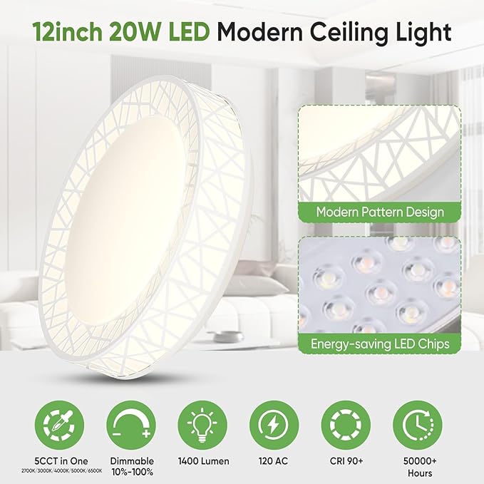 Lightania 12 Inch Flush Mount Ceiling Light, Modern White LED Ceiling Light Fixture, 20W 1400LM 2700-6500K Adjustable, Dimmable Ceiling Lights for Bedroom, Kitchen, Hallway, Bathroom, ETL