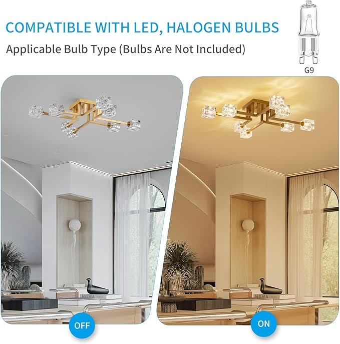 XINGQI Gold Modern Sputnik Chandelier Farmhouse Ceiling 8 Lights Industry Semi Flush Mount Ceiling Light Fixture, Mid Century for Dining Room, Farmhouse Kitchen, Bedroom, Office
