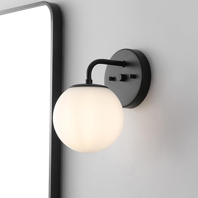 JONATHAN Y 5.75" Black 1-Light Modern Globe Wall Sconce Vanity Light for Bathroom, White Frosted Glass Shade, Midcentury Parisian Bistro Wall Lamp, LED Bulb Included (JYL3534B)