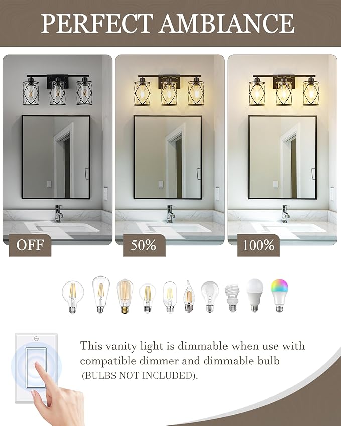 3-Light Black Bathroom Light Fixtures, 21 Inch Modern Bathroom Vanity Lighting Fixtures Over Mirror with Clear Glass and Metal Cage Wall Sconce Lights for Bath, E26, CH9176BK-3W