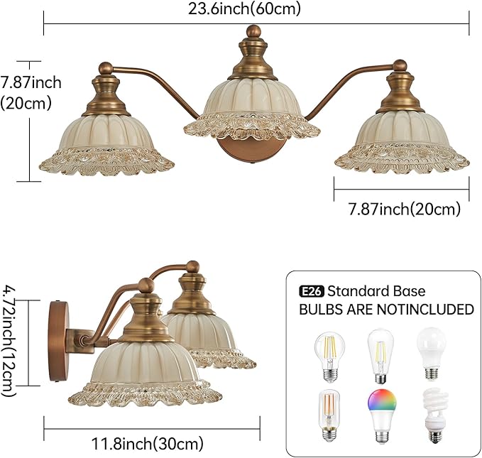 XIEDUN Brass 3 Light Vanity Light Vintage Bathroom Vanity Light Fixture