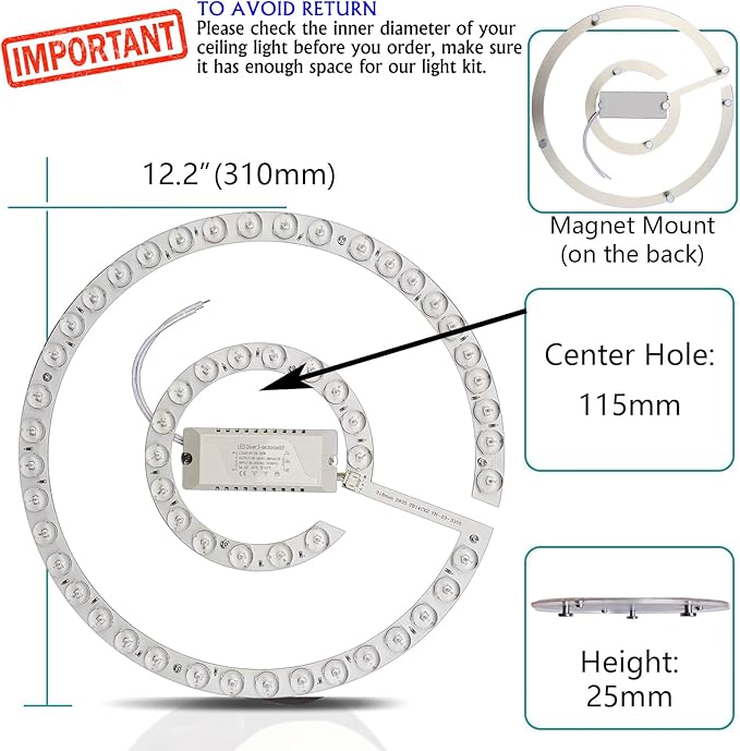 45W LED Close to Ceiling Flush Mount Fan Fandelier Retrofit Light Kit Replacement Engine Panel Board Light Bulb, 3CCT 3000K/4500K/6000K (45W)