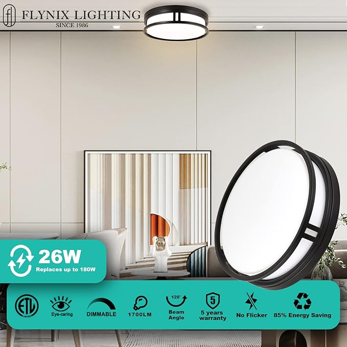 12.5 Inch LED Flush Mount Ceiling Light Fixture, 26W, Super Bright 1700 Lumens, 3 Color 3000K/4000K/5000K, Dimmable Ceiling Lamp for Bedroom Hallway Bathroom Kitchen (Black)