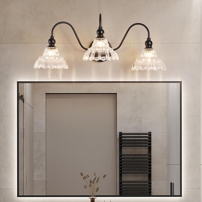 Vintage Bathroom Vanity Light Fixtures Antique 3-Light Black Vanity Lights Crystal Glass Shades Bathroom Lighting for Mirror Bedroom