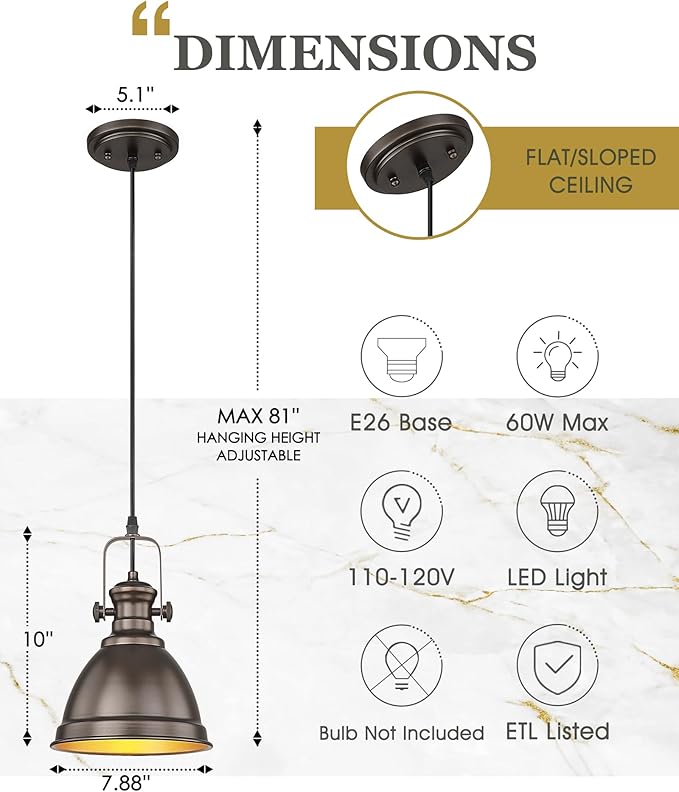 Pendant Lights Kitchen Island, 8" Farmhouse Hanging Lights Fixtures with Metal Shade, Rustic Kitchen Pendant Lighting Over Island for Dining Room, Oil Rubbed Bronze, AD-2151-1PM-ORB