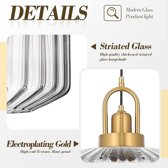 11.8in Mid Century Modern Clear Glass Pendant Light Fixture, Large Gold Kitchen Island Pendants Light Glass Ceiling Hanging Lamp for Foyer Dining Room Bedroom Entryway Hallway Over Sink