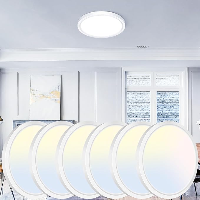 libtit 7 inch Flush Mount LED Ceiling Light Fixture, 3000K-6500K Adjustable, 15W 1500lm White Satin Round Ceiling Lamp for Bathroom Hallway Kitchen Bedroom, 6 Pack