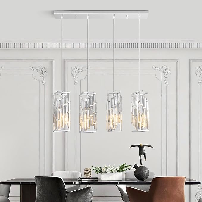 Chrome Pendant Lighting Modern Pendant Light, Mini Crystal Chandeliers,Adjustable Pendant Light Fixture for Kitchen Island Dinning Room Bedroom (4 Light)