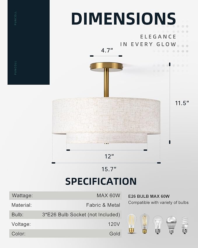15.7 inch Modern Ceiling Light, Double Fabric Ceiling Lamp, 3 Light Gold Semi-Flush Mount Ceiling Lights, Round Ceiling Light Fixture for Bedroom, Kitchen, Dining Room, Hallway，Living Room