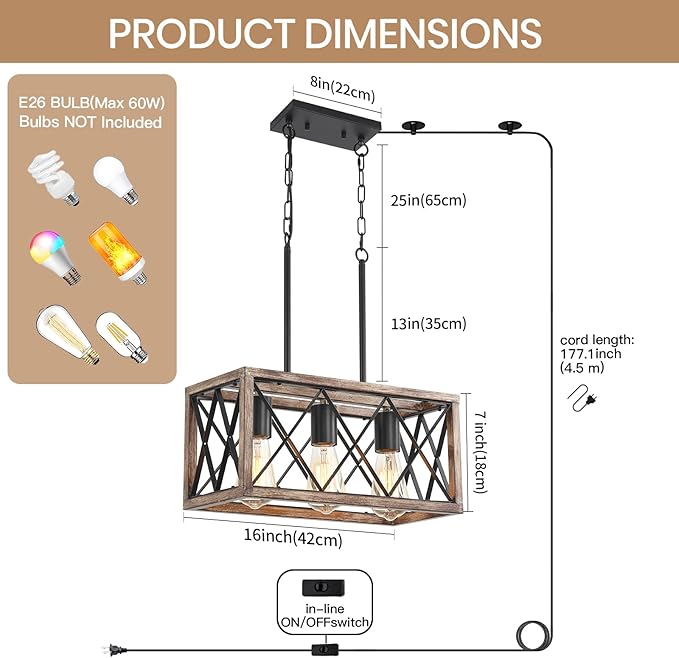 Plug in Pendant Light，3-Light Dining Room Light Fixture Over Table,Plug in Chandelier for Kitchen Sink，Farmhouse Metal Kitchen Pendant Lighting Over Island, Wood Grain Finish.