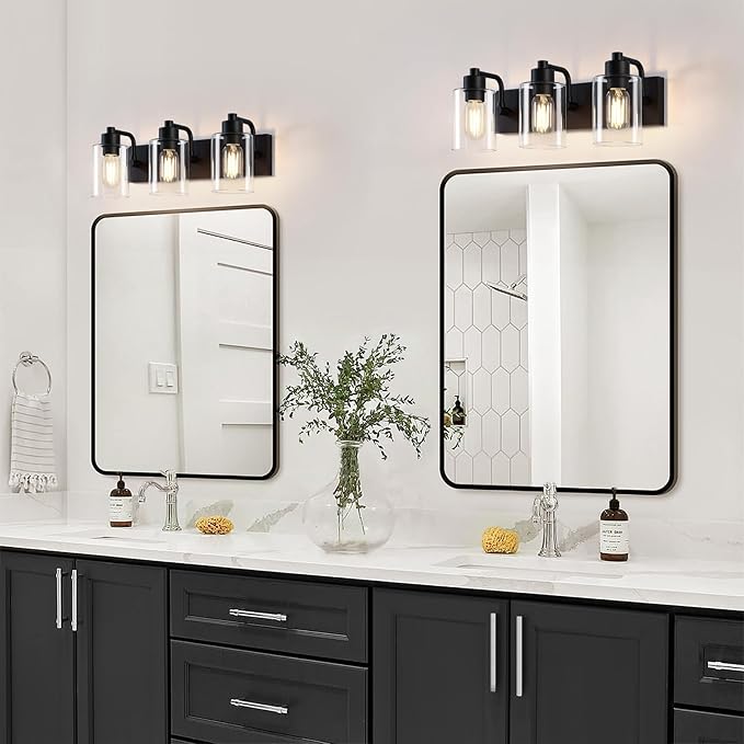 Dpyrrhic Bathroom Light Fixtures,Matte Black 3-Light Bathroom Lights Over Mirror with Clear Glass Shade,Wall Sconces for Kitchen Living Room Bedroom