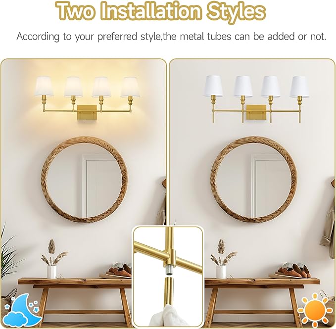 Bathroom Lights Over Mirror, 32.3 in 4-Light Bathroom Vanity Light, Brass Bathrooms Light Fixtures with Flared White Fabric Lampshade for Bedroom,Living Room,Dressing Table,Hardwired,E12 Base