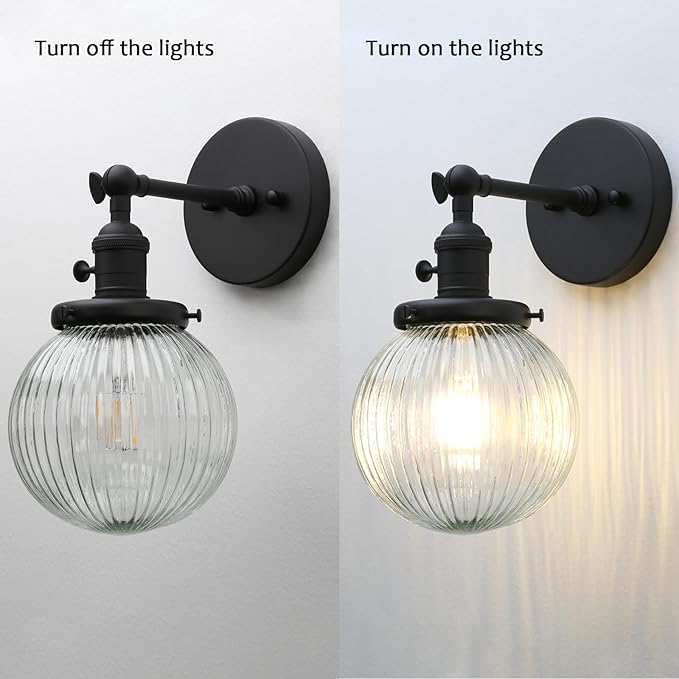 PERMO Vintage Industrial Wall Sconce Matte Black Single Wall Sconces with 5.9" Round Clear Globe Ribbed Glass Shade Hardwired Wall Light for Bedroom Livingroom Office