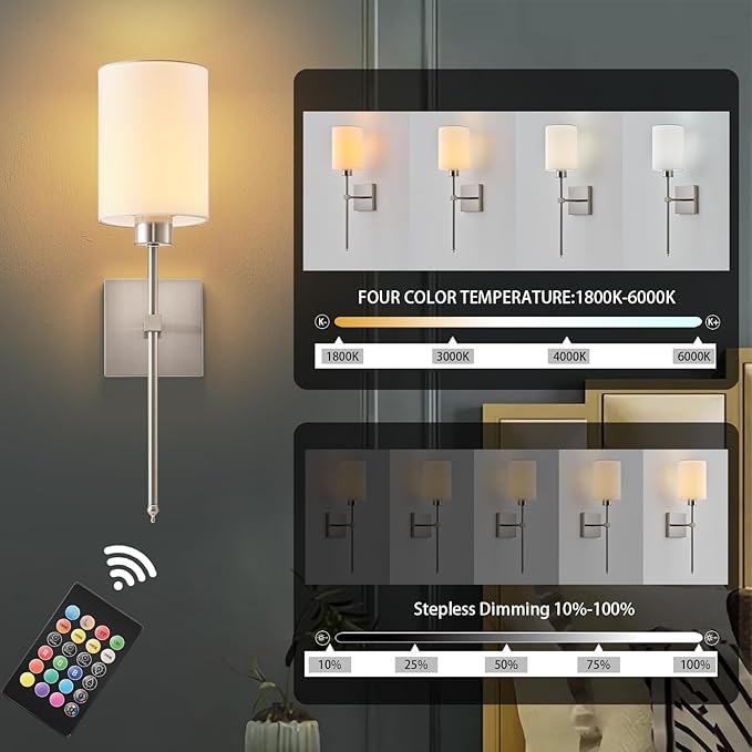 KARTOOSH Battery Operated Wall Sconce Set of Two, Wireless Rechargeable Wall Light with Remote Control, Dimmable, 4 Color Temperatures, RGB, Timer, for Living Room,Bedroom,Entryway, Nickel, 20.6 Inch