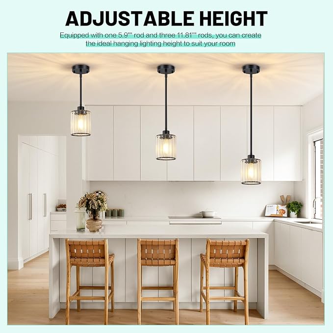 1 Pack Black Pendant Light, Modern Kitchen Island Lighting with Clear Crystal Shade, Adjustable Height Rods Hanging Light Fixtures, Mini Ceiling Pendant Lights for Sink Dining Table Hallway