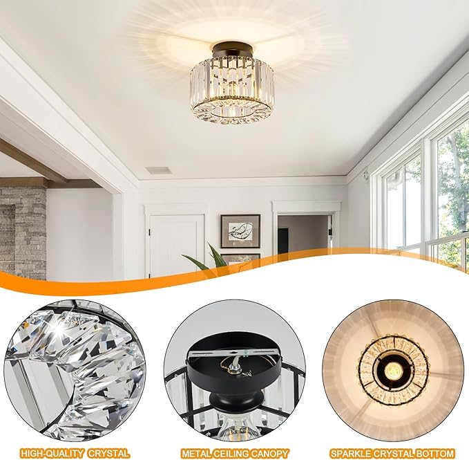 BUXVRCS Crystal Ceiling Light Fixture - Semi Flush Mount Ceiling Light Modern Chandelier Hallway Light Fixtures Ceiling Flush Mount Light Fixtures for Kitchen Bedroom Bathroom Entryway (Black)