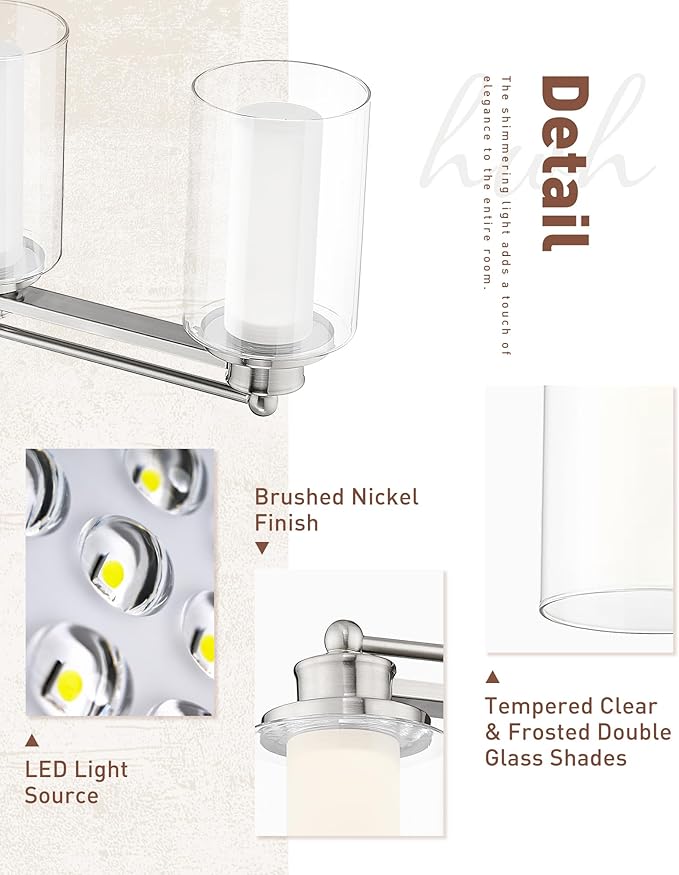 HWH 4 Light Modern Bathroom Vanity Lights Over Mirror, Brushed Nickel Dimmable 24W LED, 5CCT