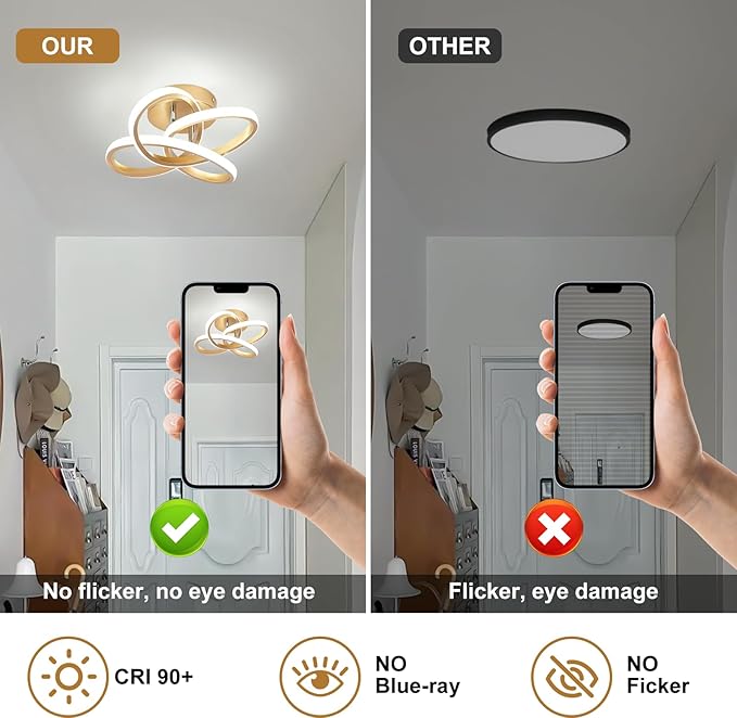 Led Ceiling Light, Gold 30cm Modern Ceiling Lights LED, Simple Curved Ceiling lamp, Ceiling Lighting Fixture for Hallway Bedroom LivingRoom Entryway Balcony Stair - 26W Cool White Light 6000K