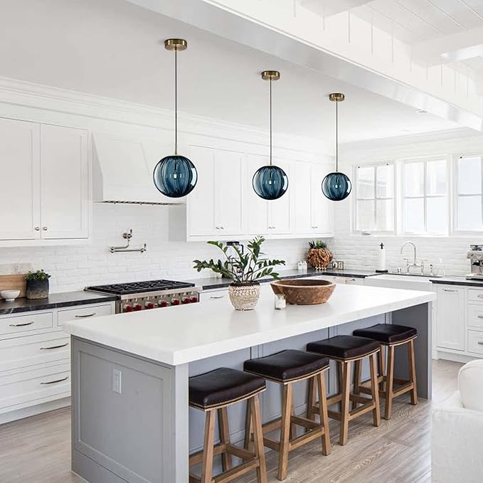 KCO Lighting Glass Globe Pendant Light Single Blue Pendant Lights Kitchen Island Brushed Gold Hanging Light Fixture Mid Century Retro Hanging Lamp Vintage Striped Pendant Light