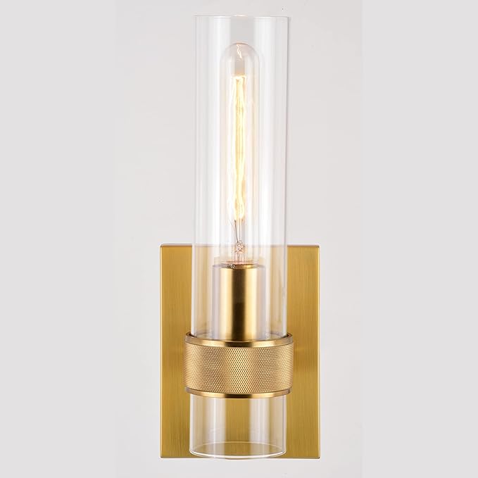 VAXCEL Bari 1 Light Satin Brass Contemporary Wall Sconce with Clear Cylinder Glass