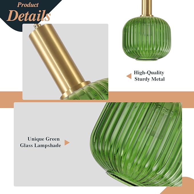 BOKT Mid Century Green Glass Pendant Lights 2-Light Mini Globe Ceiling Pendant Light Ribbed Glass Pendant Light Gold Finish Hanging Light Fixture for Kitchen Island Foyer