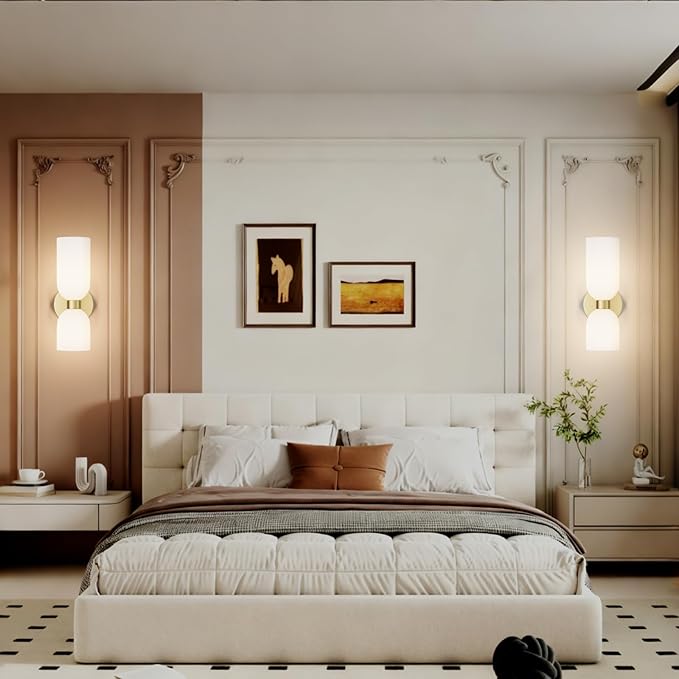 Tipace Gold Wall Sconces Set of Two,Modern Bathroom Sconce with Milky White Glass,Hardwired Wall Light Fixtures for Bathroom Living Room Bedroom Hallway,E12 Base(Bulbs Not Included)