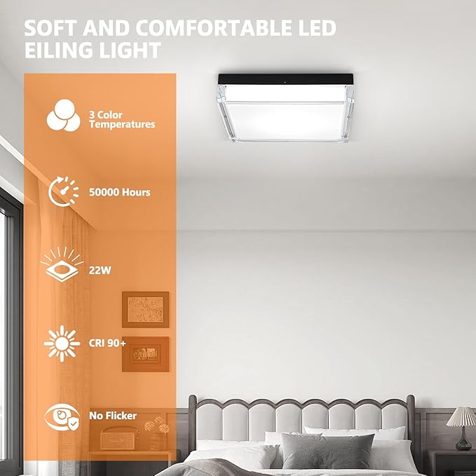 11 Inch Square Flush Mount Ceiling Light Fixture Crystal Style, 3000K/4000K/5000K Adjustable Modern Farmhouse LED Ceiling Lights for Hallway, Bathroom, Kitchen, Crystal Prismatic Featured