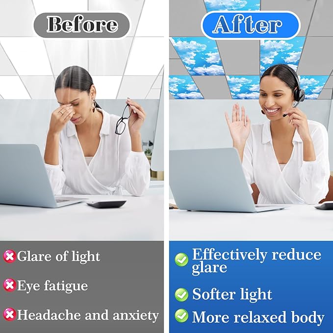 Biubee Fluorescent Light Covers with 10 Strong Magnets - 6 Pack Magnetic Light Covers Filter for Ceiling Lights Classroom to Eliminate Harsh Glare, Flame Retardant Fabric, 4 x 2 FT, White Cloud