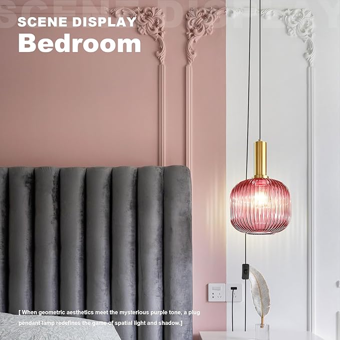 Hanging Pendant Light Plug in 2 Pack, Mid Century Modern Gold Hanging Lights with 14.75Ft Plug in Cord, Pink Striped Glass Ceiling Hanging Lamp for Kitchen Dining Room Living Room Bedroom