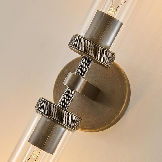 Knurled Brass Bathroom Wall Sconce - Set of 2 Luxury Brushed Antique Gold Sconces - Modern Linear Tube Vanity Lights Fixture with Clear Glass - Dimmable Indoor Lighting for Bedroom Living Room Decor