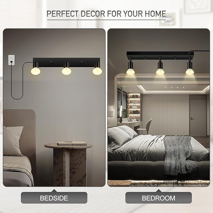 Plug-in Track Lighting, LED Track Lighting Fixtures Ceiling Kit, 16" Black Plug in Wall Light with 14.8ft Cord, 3-Light Ceiling Spotlight,Rotatable Kitchen Light Head for Bedroom Hallway(GU10,NO Bulb)