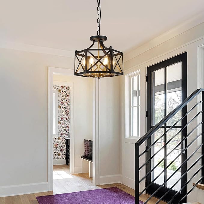 6-Light Black and Brushed Gold Pendant Light, Modern Farmhouse Chandeliers for Dining Room, Adjustable Metal Cage Hanging Light, Vintage Geometric Pendant Lighting for Kitchen Entryway Foyer