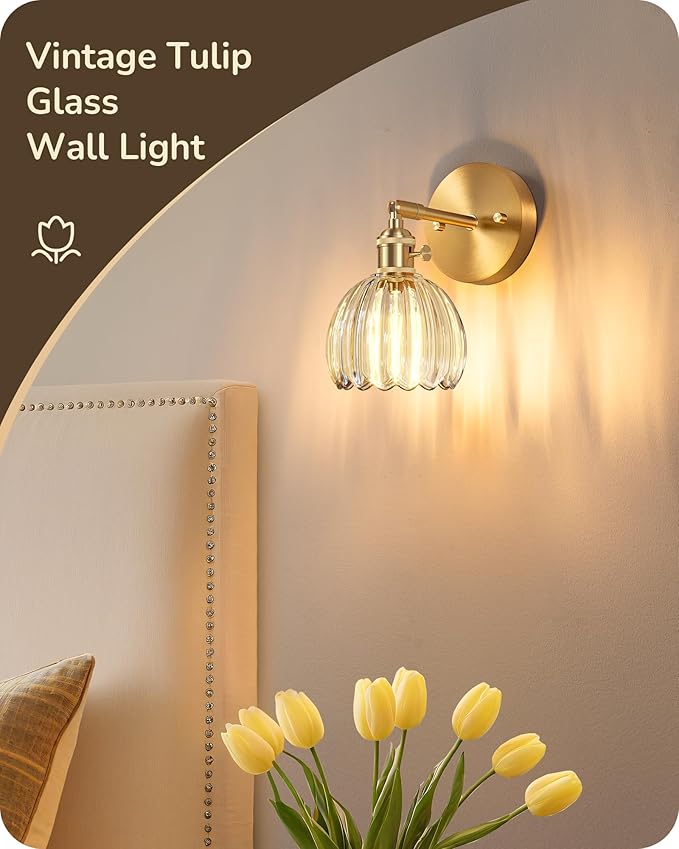 EDISHINE Hardwired Vintage Wall Sconces Set of Two, Brass Gold Wall Lamp with Transparent Tulip Glass Lampshade 180° Adjustable, Modern Wall Lighting Fixtures with Switch for Bathroom Bedroom Hallway