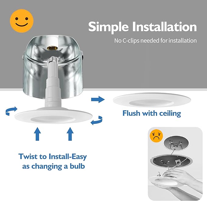 Jolux 4-Pack 5/6" Retrofit LED Recessed Lighting,60W,3000K WarmWhite,800 Lumens,Dimmable Can Lights,Damp Rated,Simple Installation Adjustable Retrofit Downlight,ETL,E26 Base,Bevel Trim