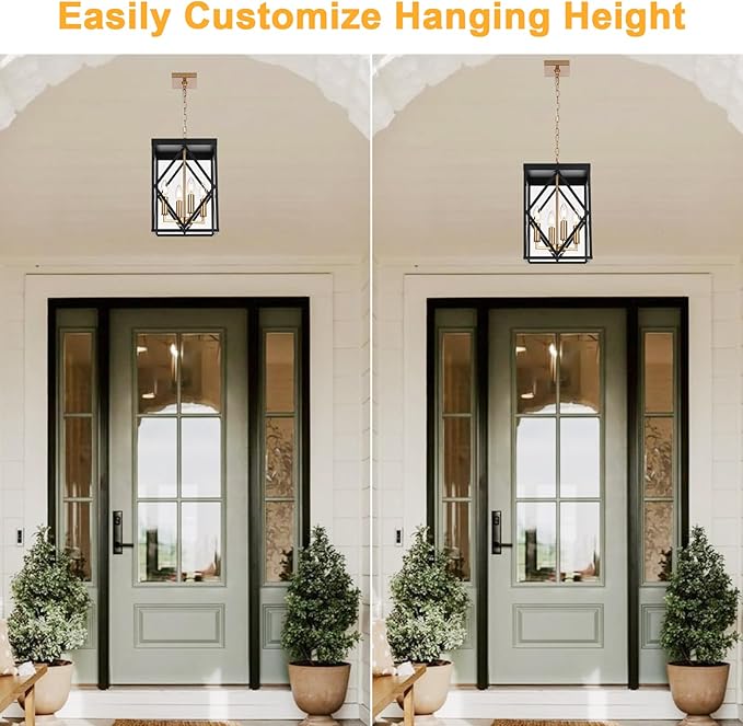 4-Light Outdoor Pendant Lights for Porch 15.7'' Outdoor Chandelier Black & Brushed Brass Exterior Hanging Porch Light Fixtures w/Clear Glass, Waterproof Outside Pendant Lantern for Front Door