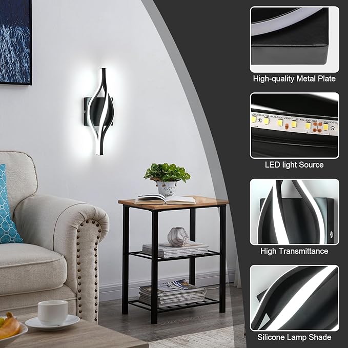 DELIPOP Modern Wall Sconces, Spiral LED Wall Sconce Lighting, 6500K Cool White Wall Light for Bedroom, Bathroom, Living Room, Hallway