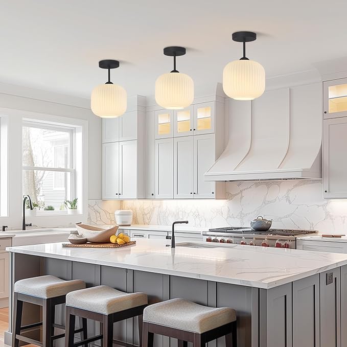Small Milk Ribbed Glass Flush Mount Ceiling Light Nordic White Ceiling Lights Mid Century Modern Globe Semi Flush Mount Ceiling Light Fixture for Kitchen Hallway (2 Pack)