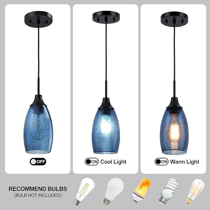 Viinew Mini Glass Pendant Light,4.72" Dark Blue Glass Hanging Light 3-Pack Handblown Clear Blue Seeded Shade Adjustable Cord Ceiling Light Fixture for Kitchen Island Sink