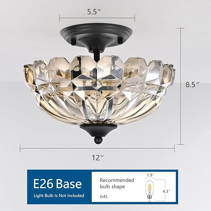 Semi Flush Mount Ceiling Light, 3-Light Kitchen Ceiling Lighting Fixtures with Cognac Glass Lampshade, Gold Modern Chandelier for Living Room Bedroom Hallway