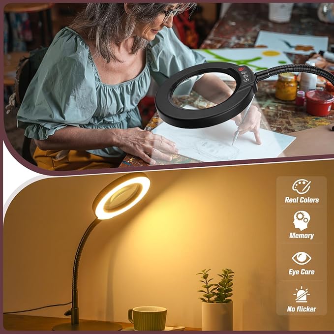 10X Magnifying Glass with Light and Stand, 5 Color Modes Stepless Dimmable LED Lighted Desk Lamp, Hands Free Magnifier with Flexible Goose-Neck for Craft Hobby Painting Sewing Close Work